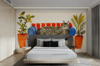 Cat Nap Wall Mural with watercolor sofa illustration

