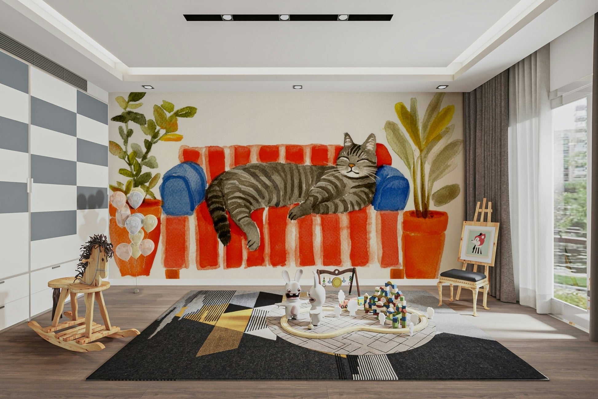 Cat sleeping on a watercolor couch mural for bedroom

