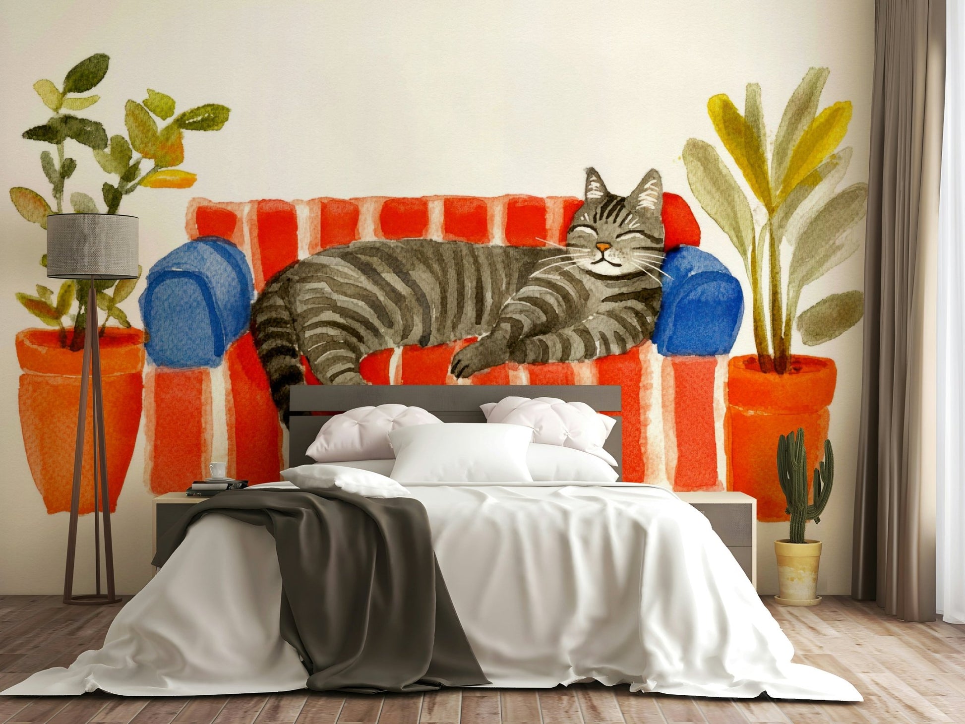 Peaceful room with Cat Nap couch mural backdrop

