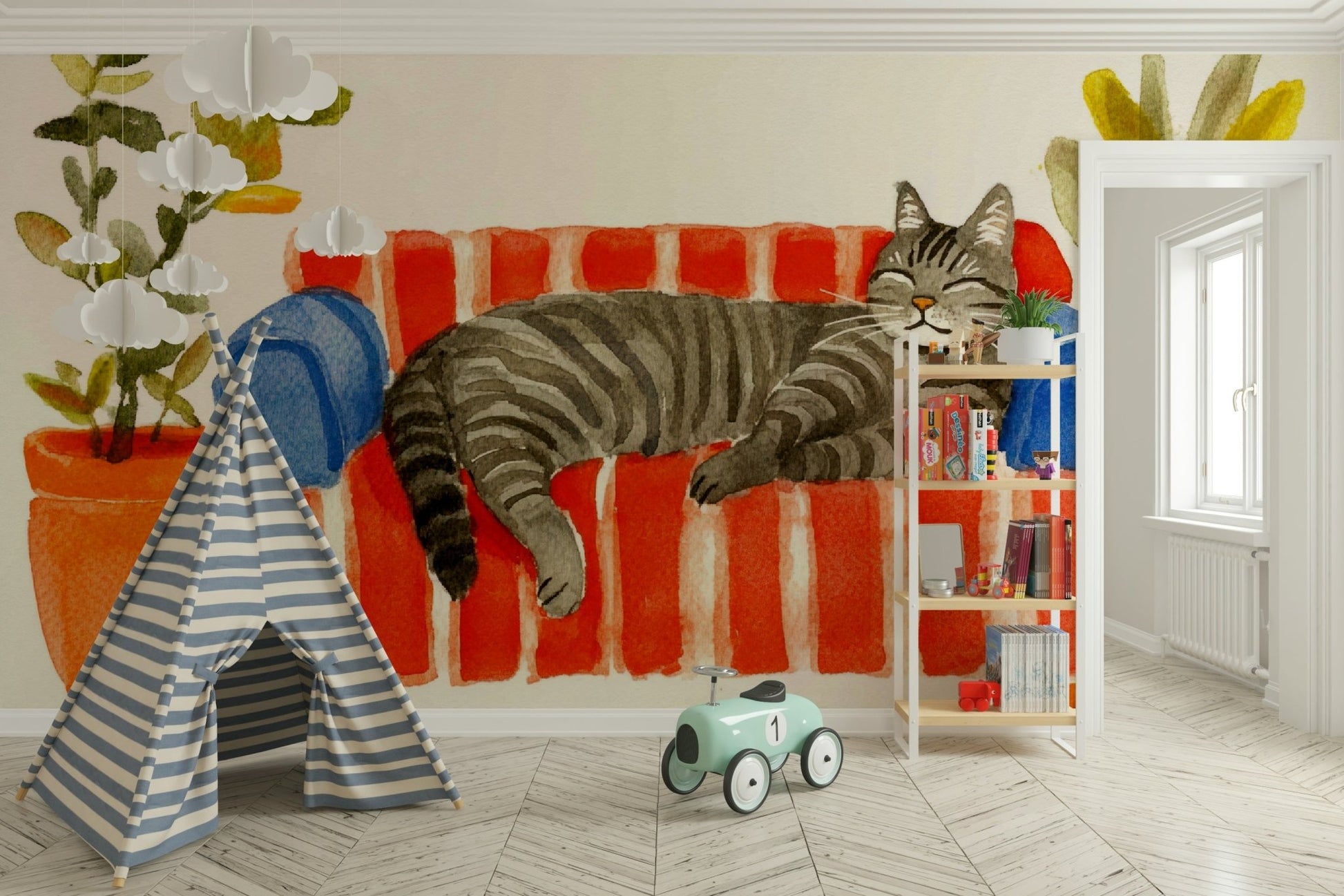 Hand-painted cat mural in warm neutral tones

