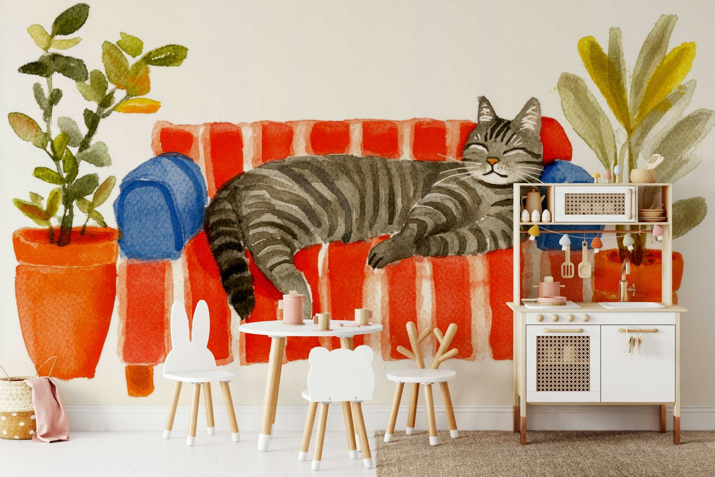 Mural with cat and couch in soft blush and taupe

