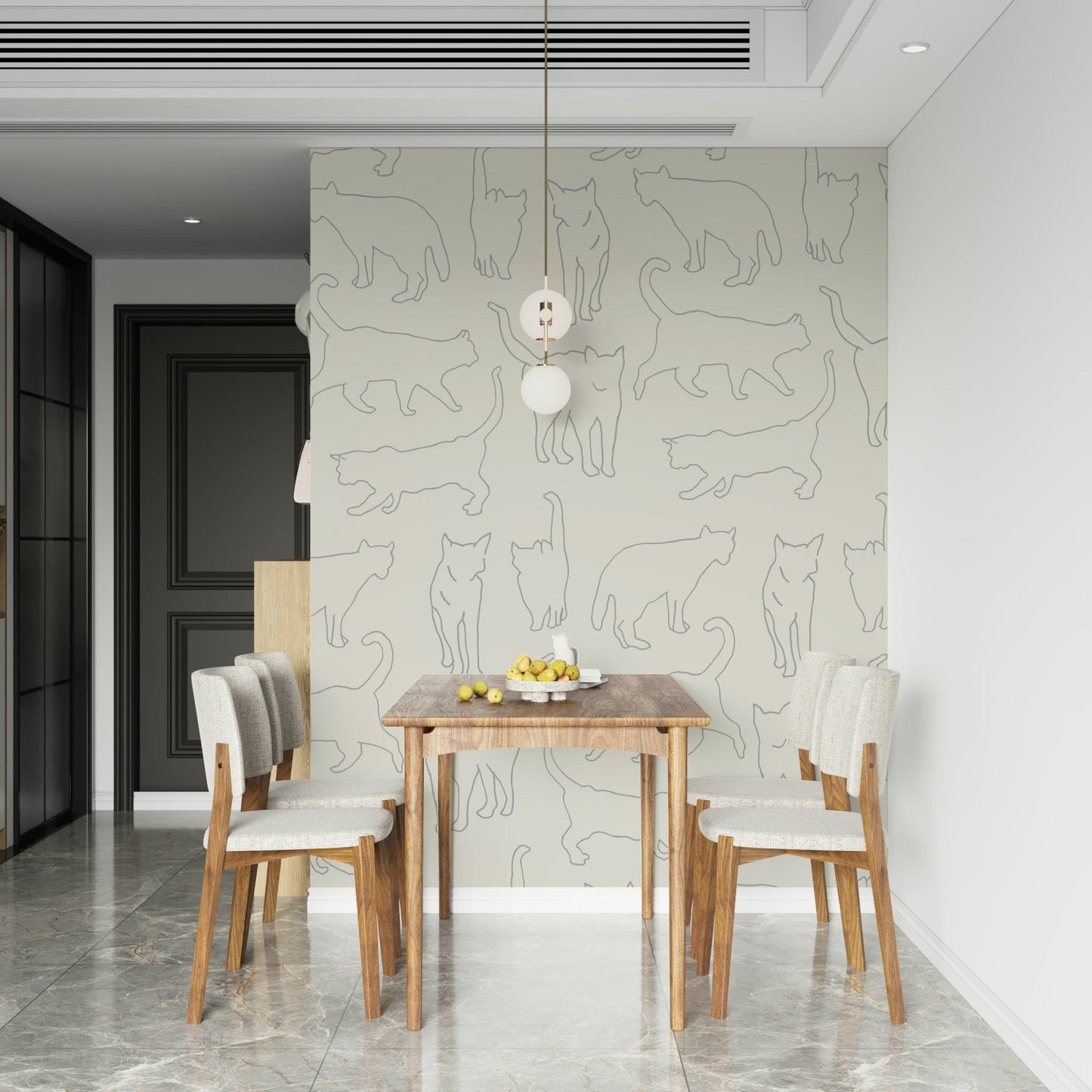 Minimalist Cat Sketch Wall Mural – Sophisticated line-art mural of cats for contemporary interiors.
