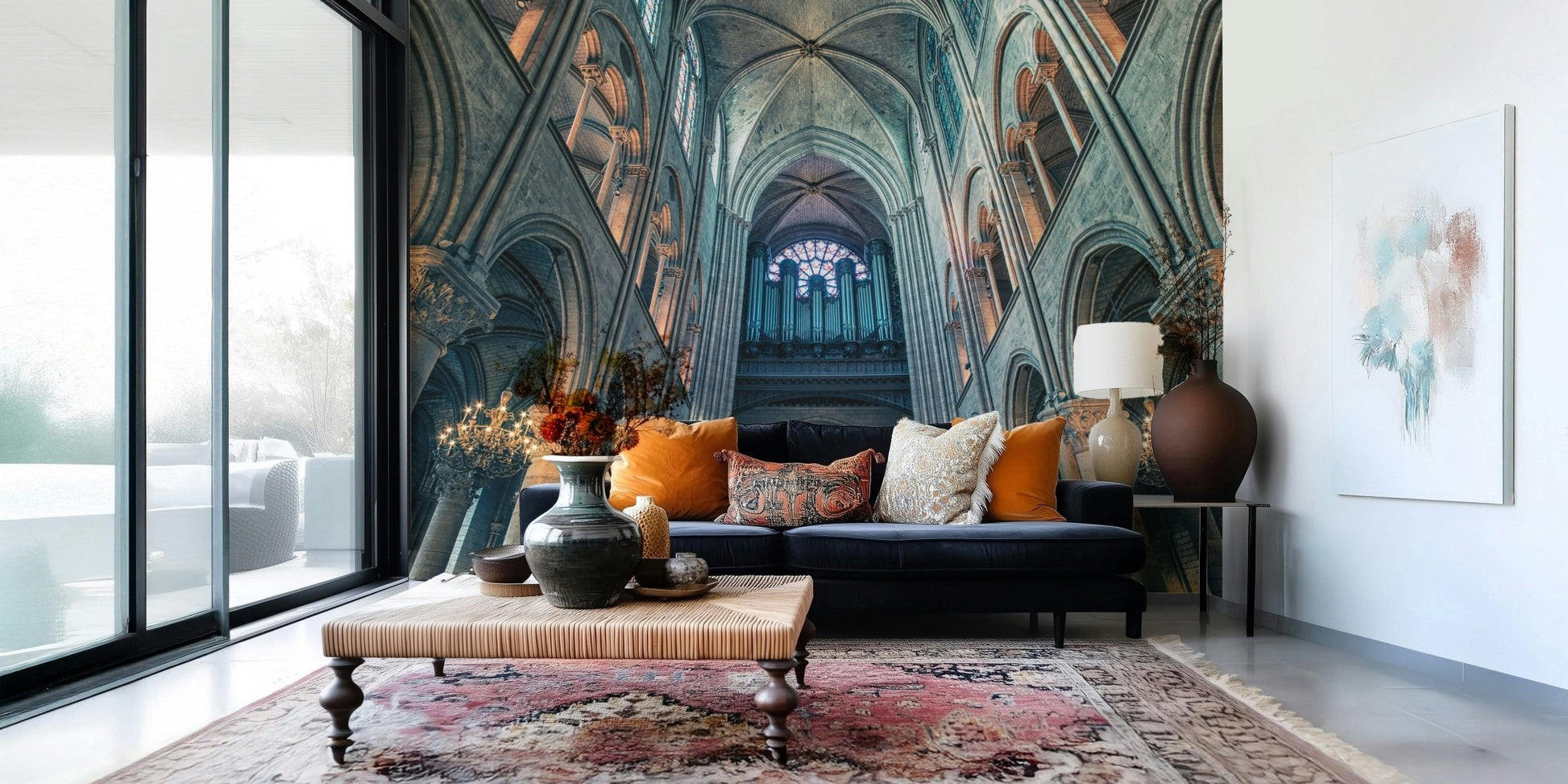 Stone arch mural in apartment living area, modern wall decor look