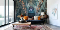 Stone arch mural in apartment living area, modern wall decor look