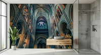 Arches wall mural behind bed, modern bedroom color scheme