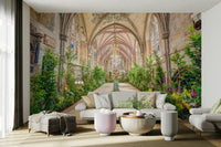 The wall art combines ancient architecture with a natural display.

