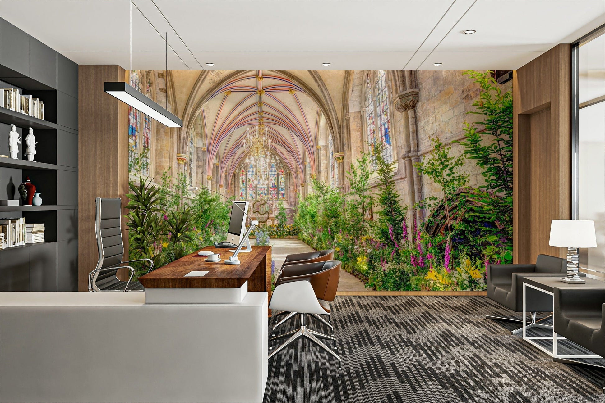 The wallpaper is perfect for a peaceful space.

