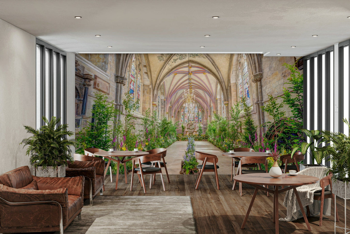 A close-up of the stained-glass windows and floral arrangements.

