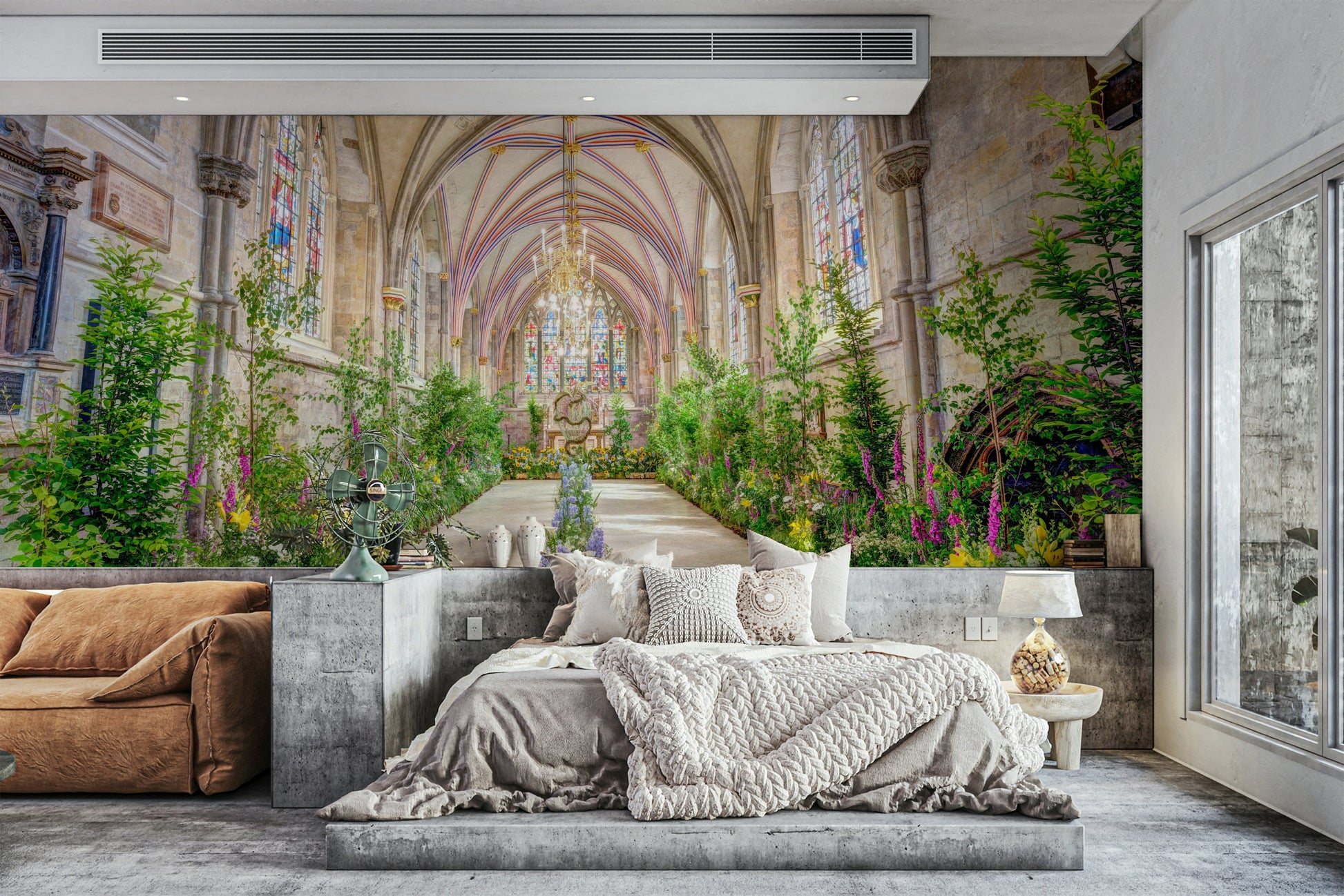 The mural shows a long cathedral nave with vaulted ceilings.

