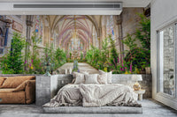 The mural shows a long cathedral nave with vaulted ceilings.

