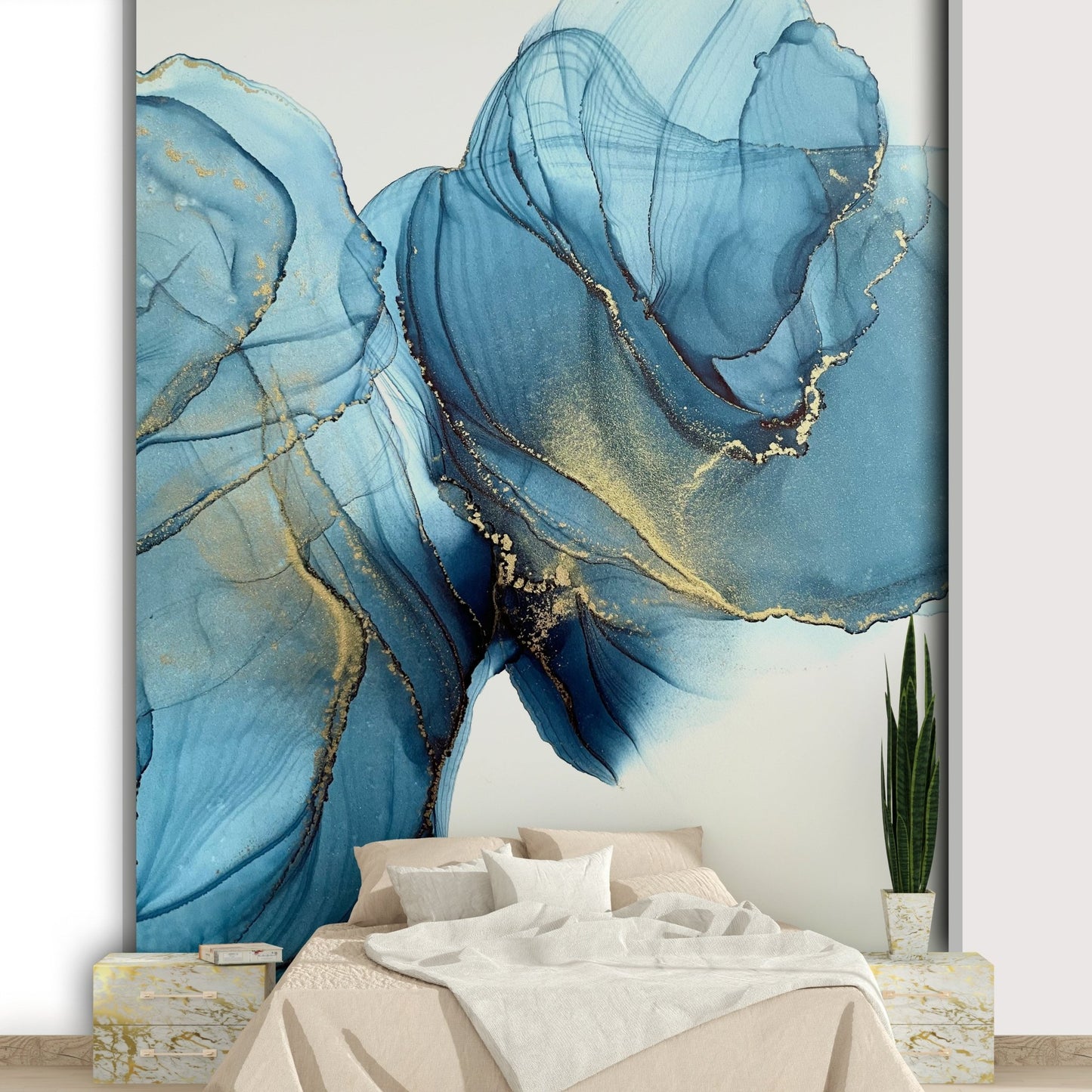 Night sky-inspired mural with stars and moons

