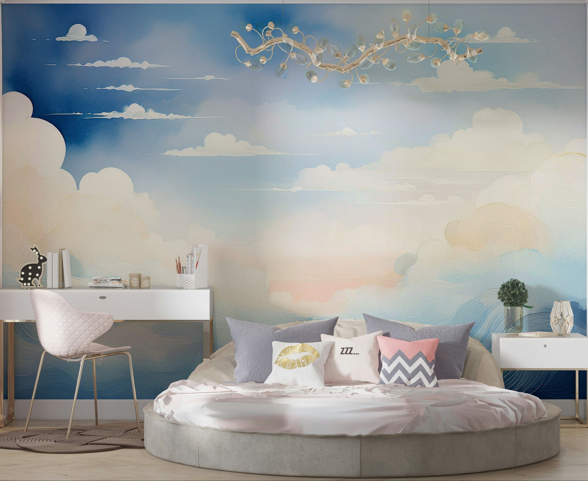 Celestial Blue Sky Wall Mural on a modern living room accent wall with white furniture.