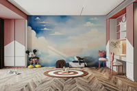 Celestial Blue Sky Wall Mural behind a wooden desk in a study area.