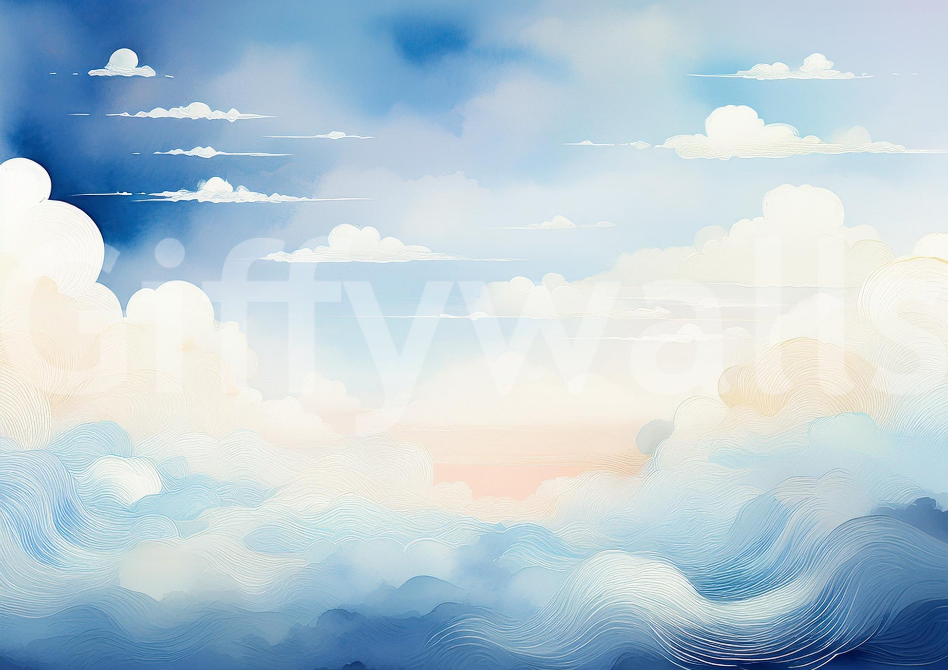 A peaceful reading nook featuring a wide sky mural on the back wall.