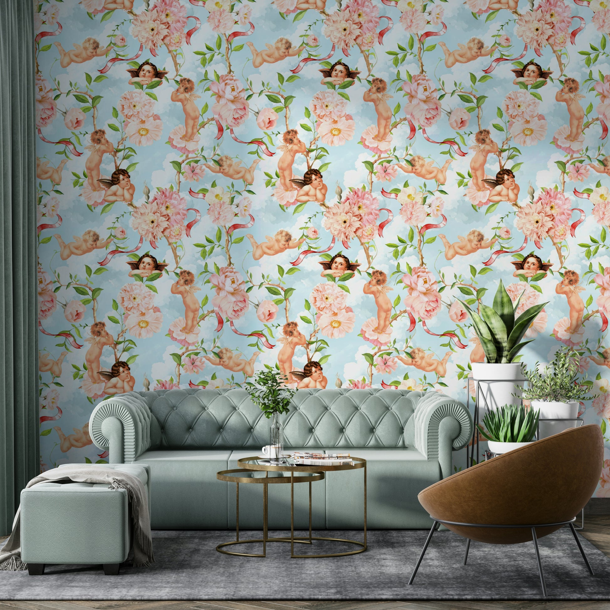 Close-up of cherub wall mural with pastel skies and florals.

