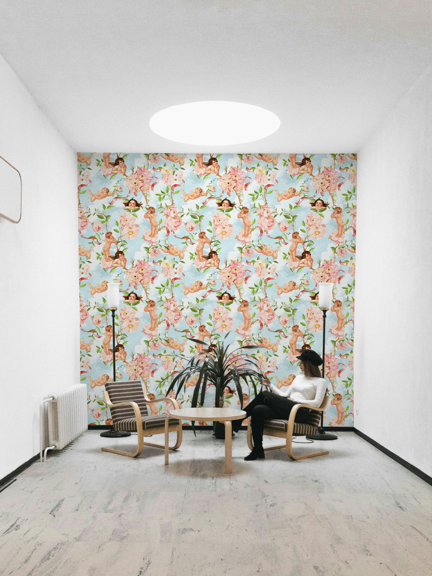 Celestial cherubs wallpaper ideal for serene, whimsical spaces.

