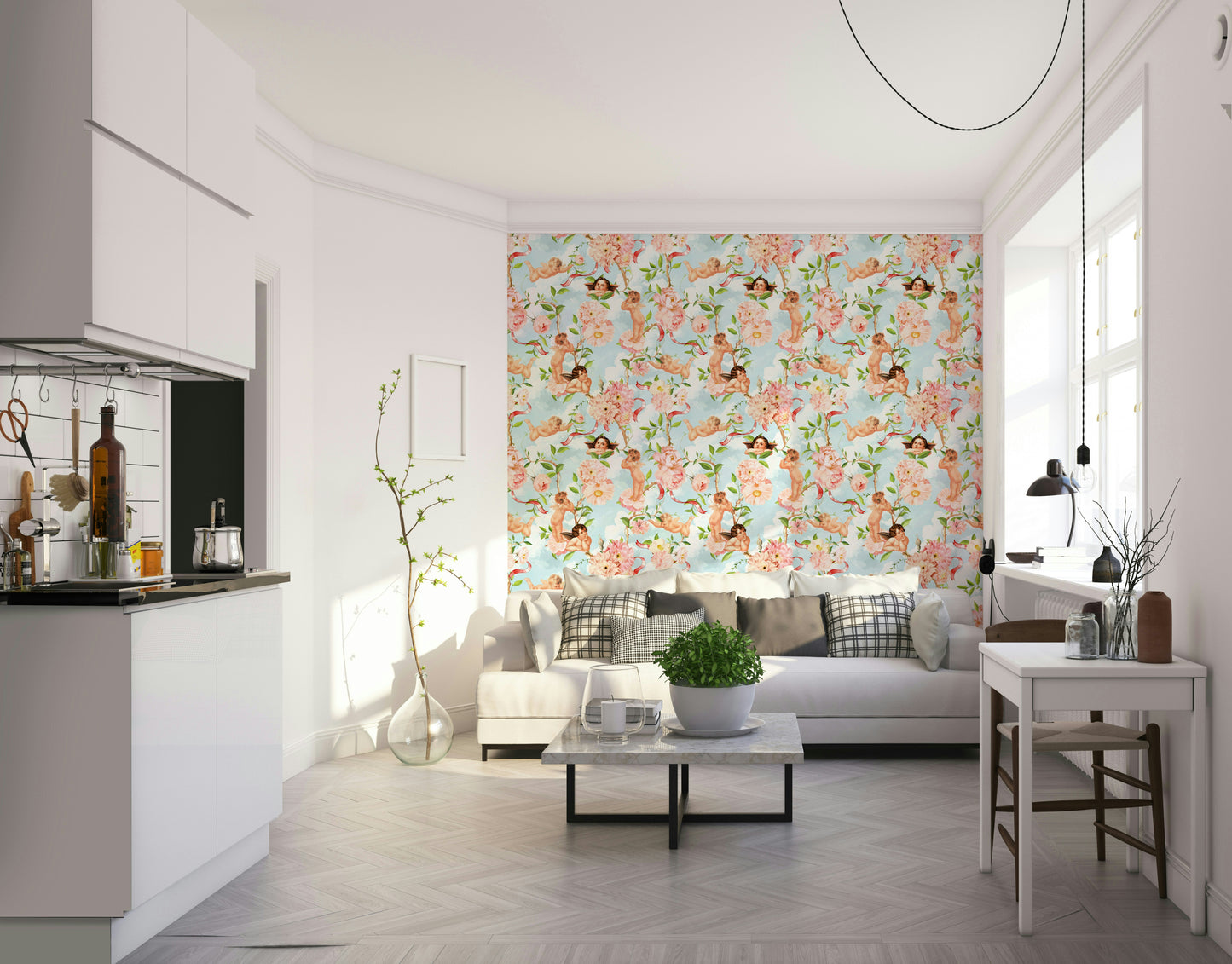 Soft sky mural with angels and blooming branches.

