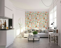 Soft sky mural with angels and blooming branches.

