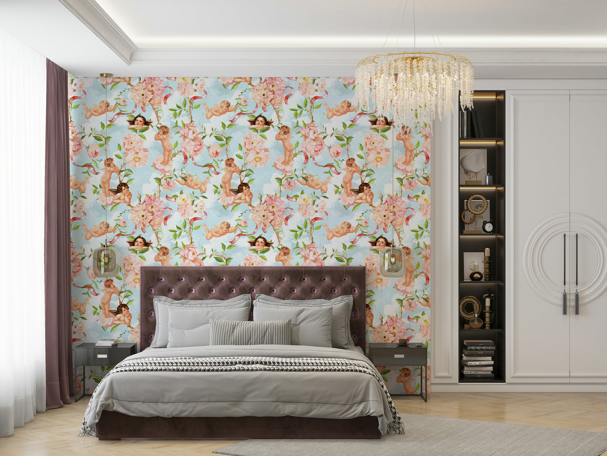 Wallpaper showing flying cherubs and light watercolor flowers.

