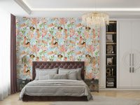 Wallpaper showing flying cherubs and light watercolor flowers.

