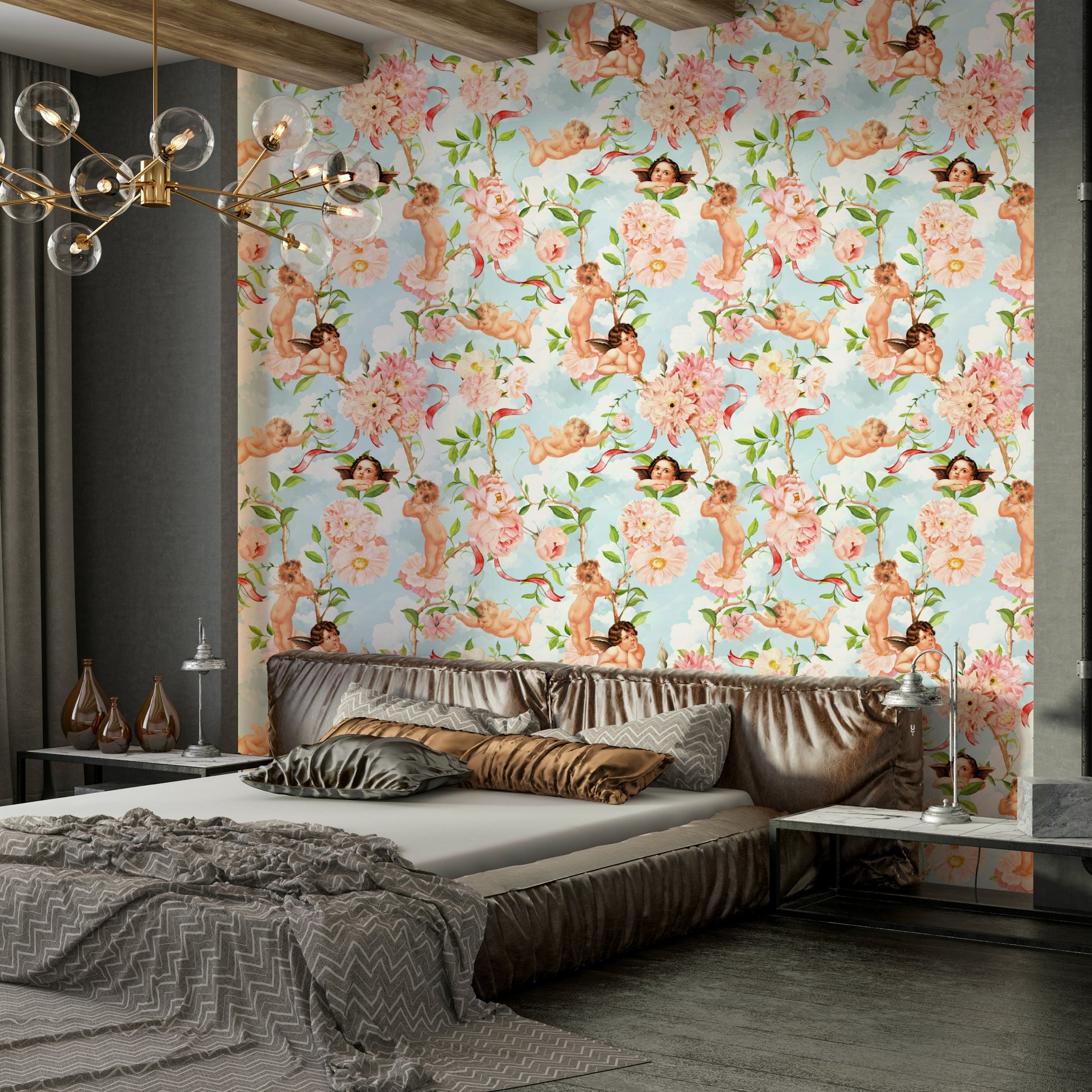 Cherub wallpaper with blossoms, vines, and floating clouds.

