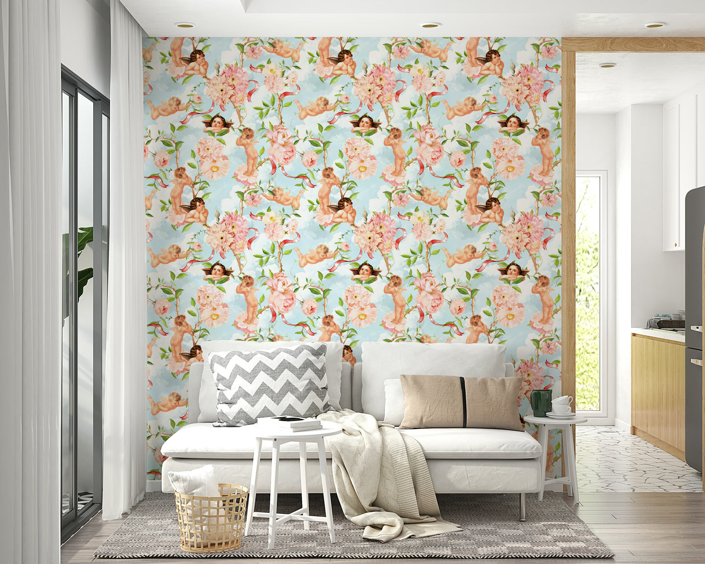 Ethereal wall mural with heavenly cherubs and soft botanical accents.

