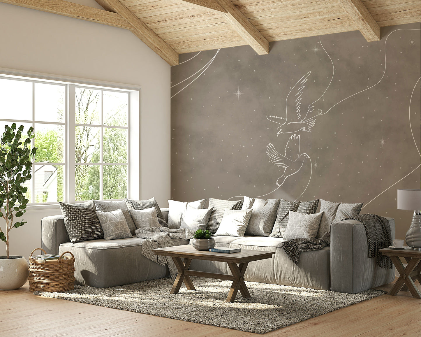 A peaceful wall mural with a celestial and whimsical design.

