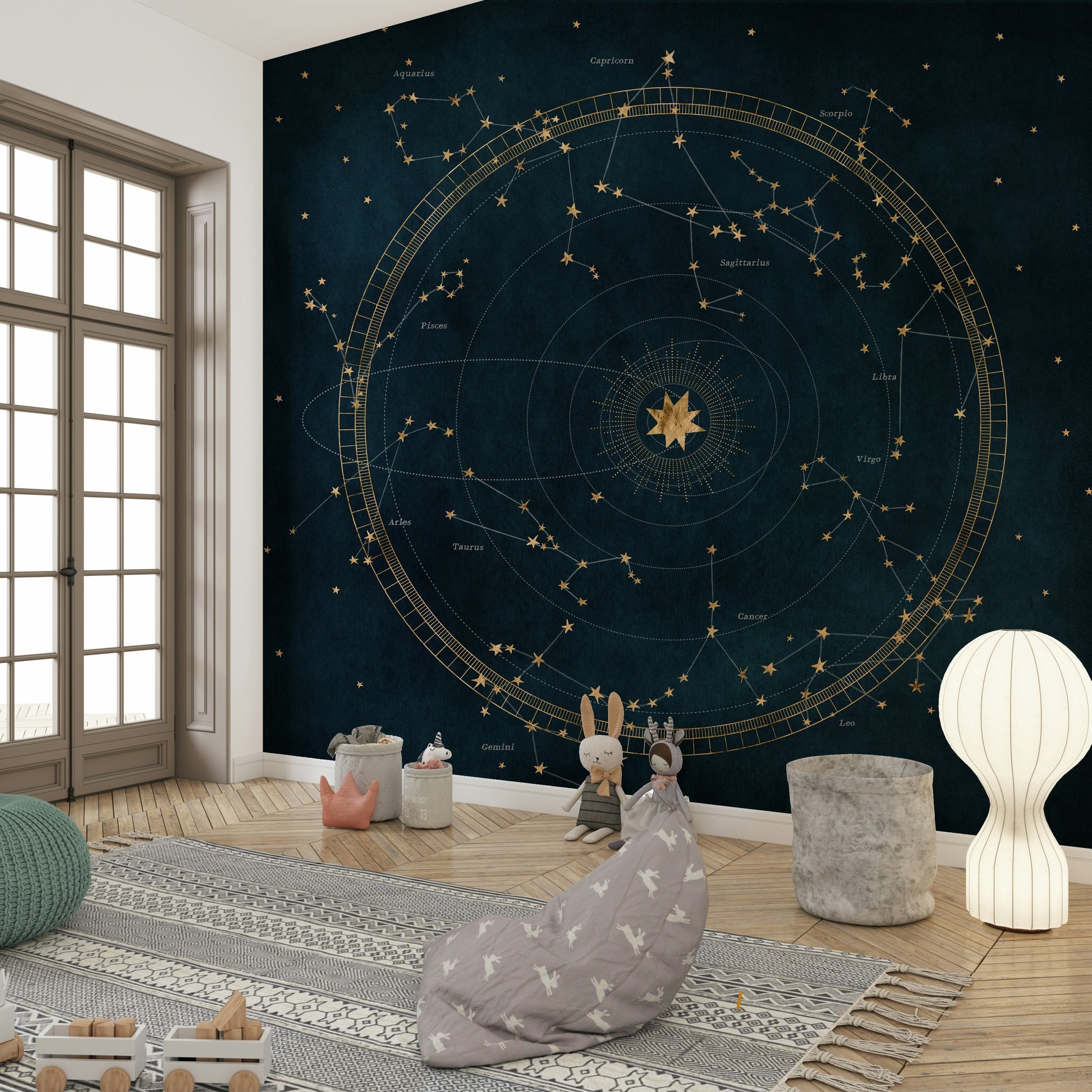 Night sky star map mural with constellations for modern interiors.


