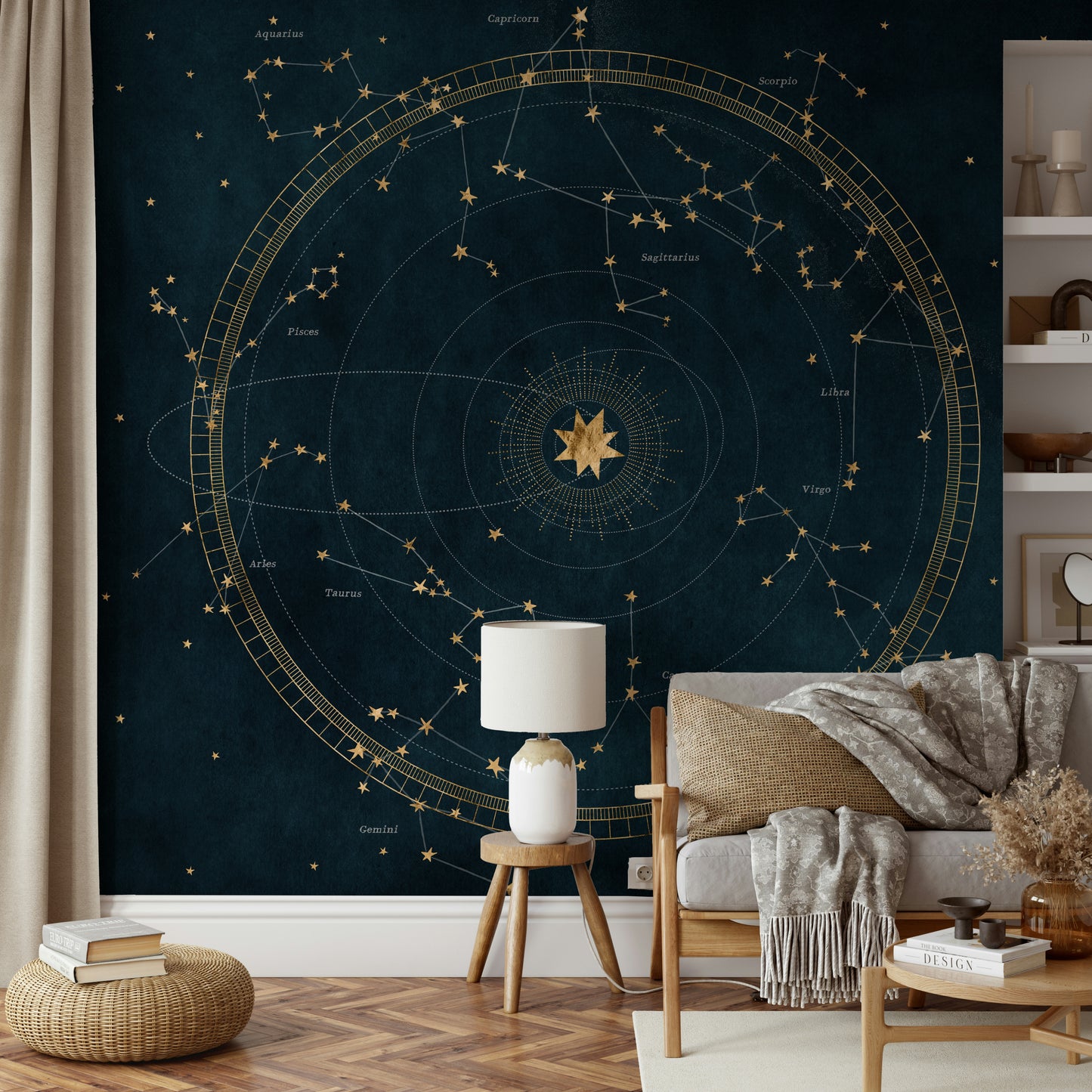 Cosmic star chart mural wallpaper with deep blue starry background.

