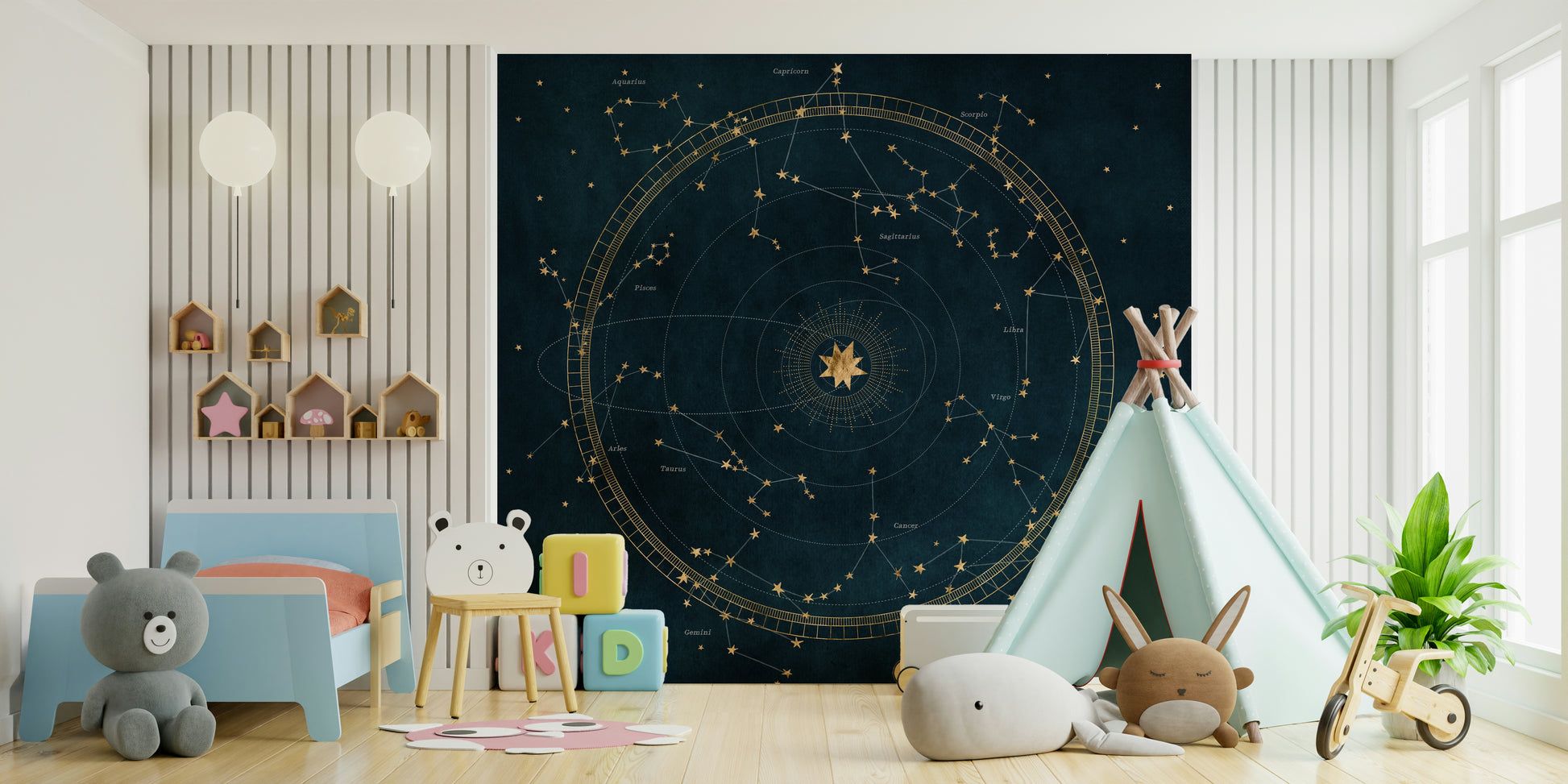 Intricate star map wall mural with constellations and cosmic details.

