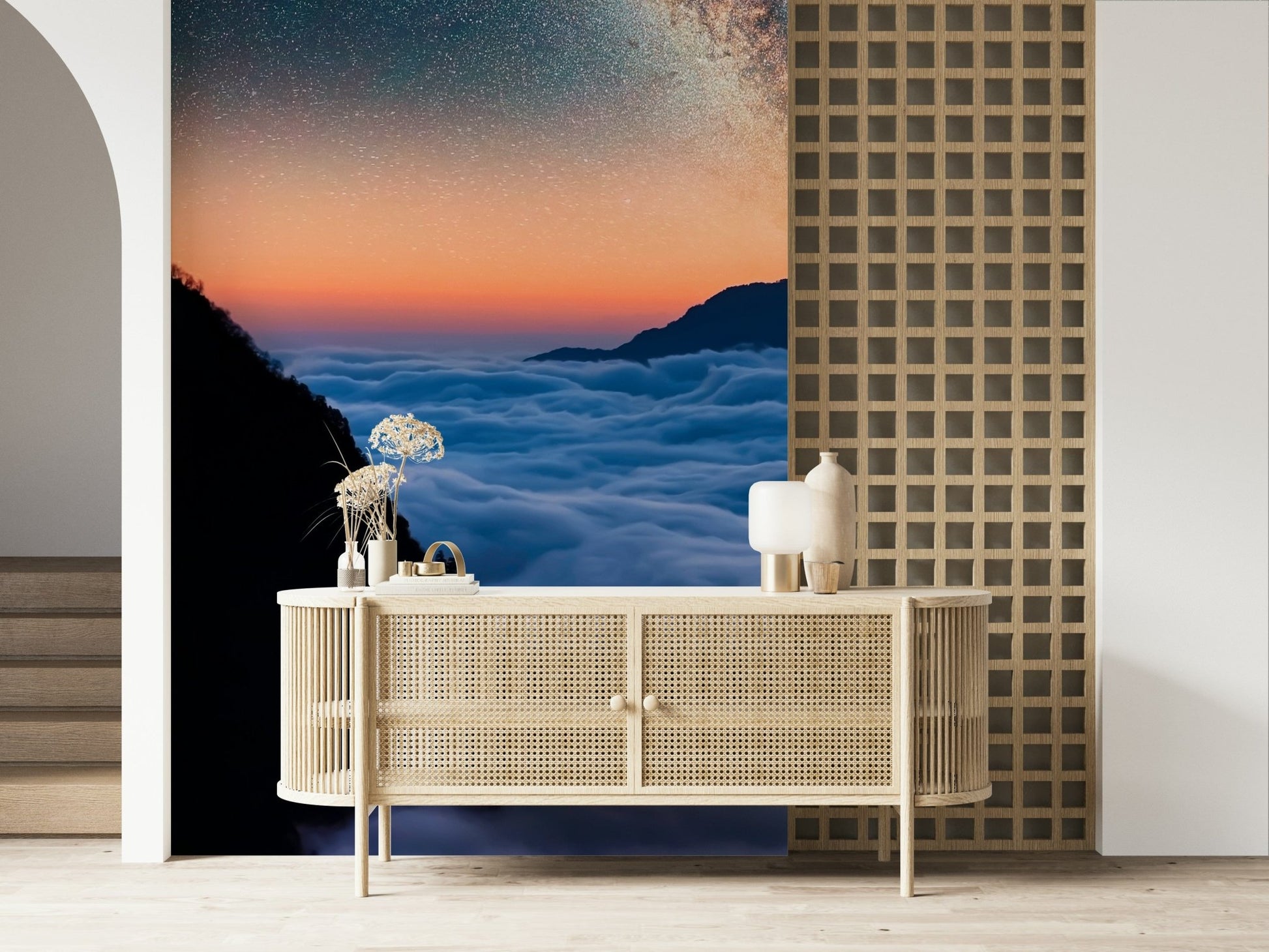 Celestial Valley mural design: calm sky clouds over textured mountains wallpaper scene