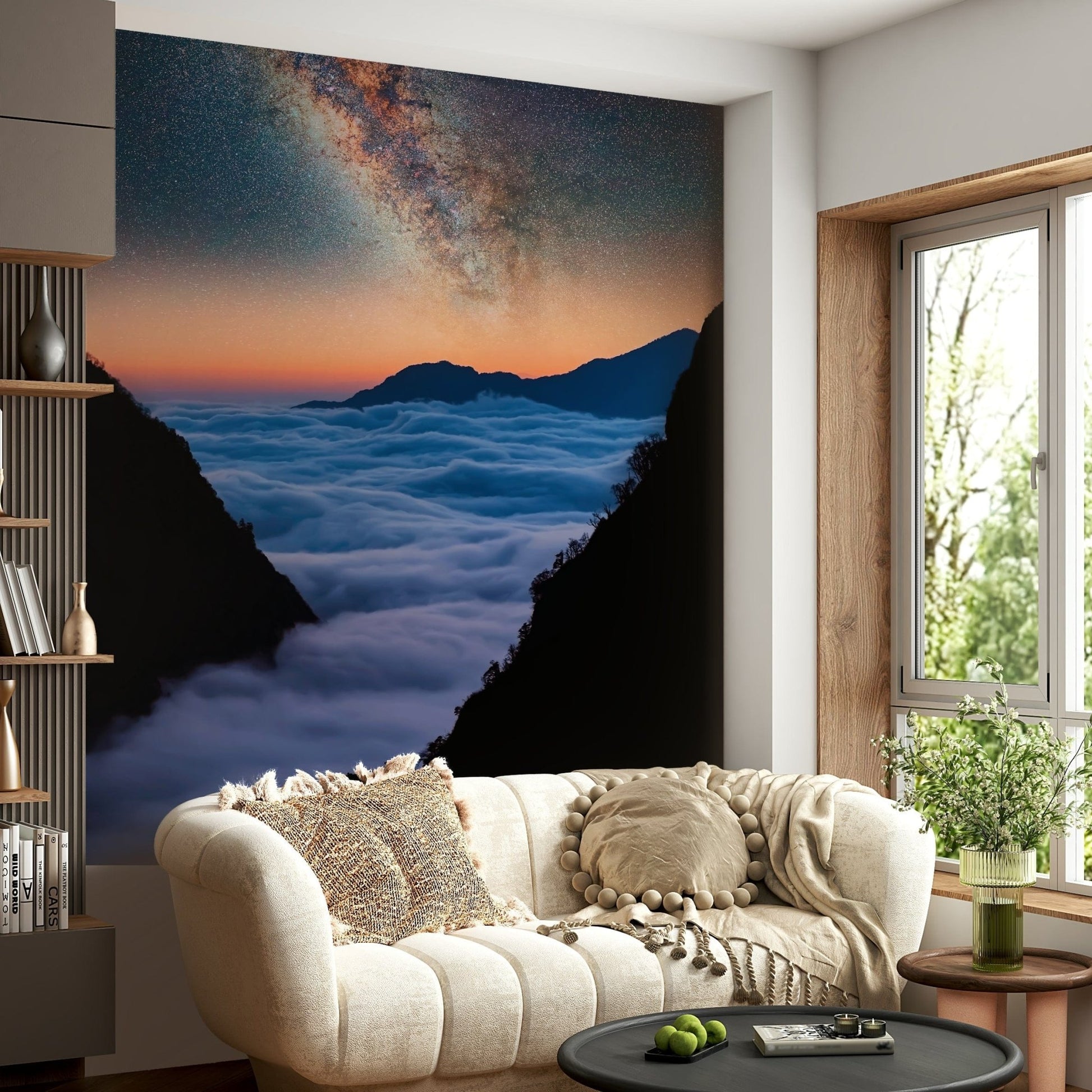 Nature-inspired mural with soft cloud wallpaper layers above rugged mountains and pale sky