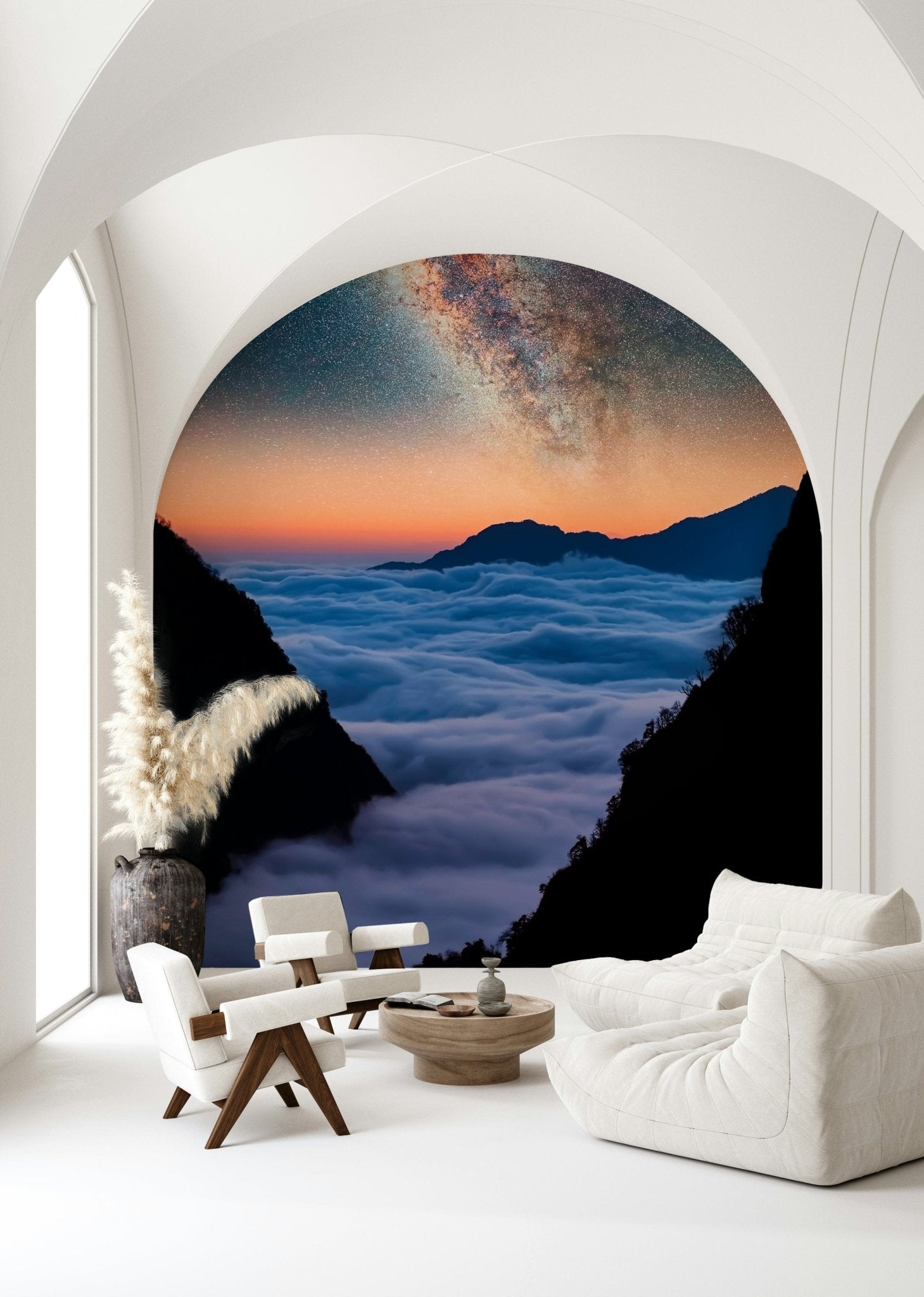 Panorama wall mural: quiet valley mountains, airy sky backdrop, smooth cloud wallpaper look