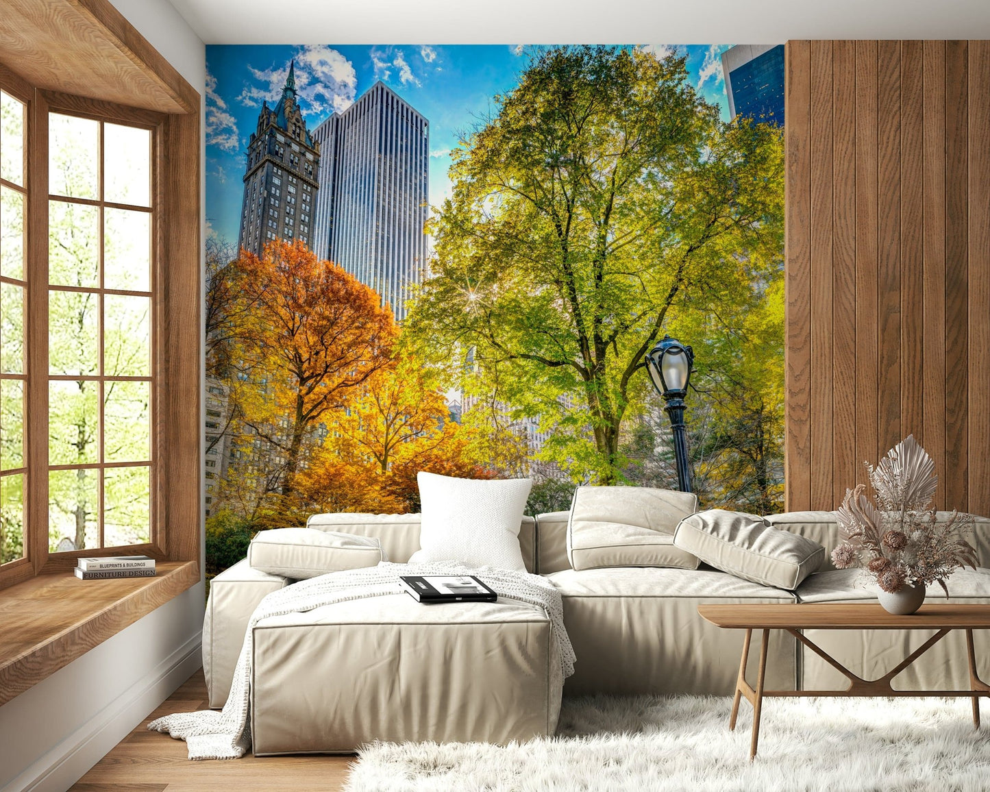 Premium wall decor, Central Park in Fall Colors, light filtering through leaves.