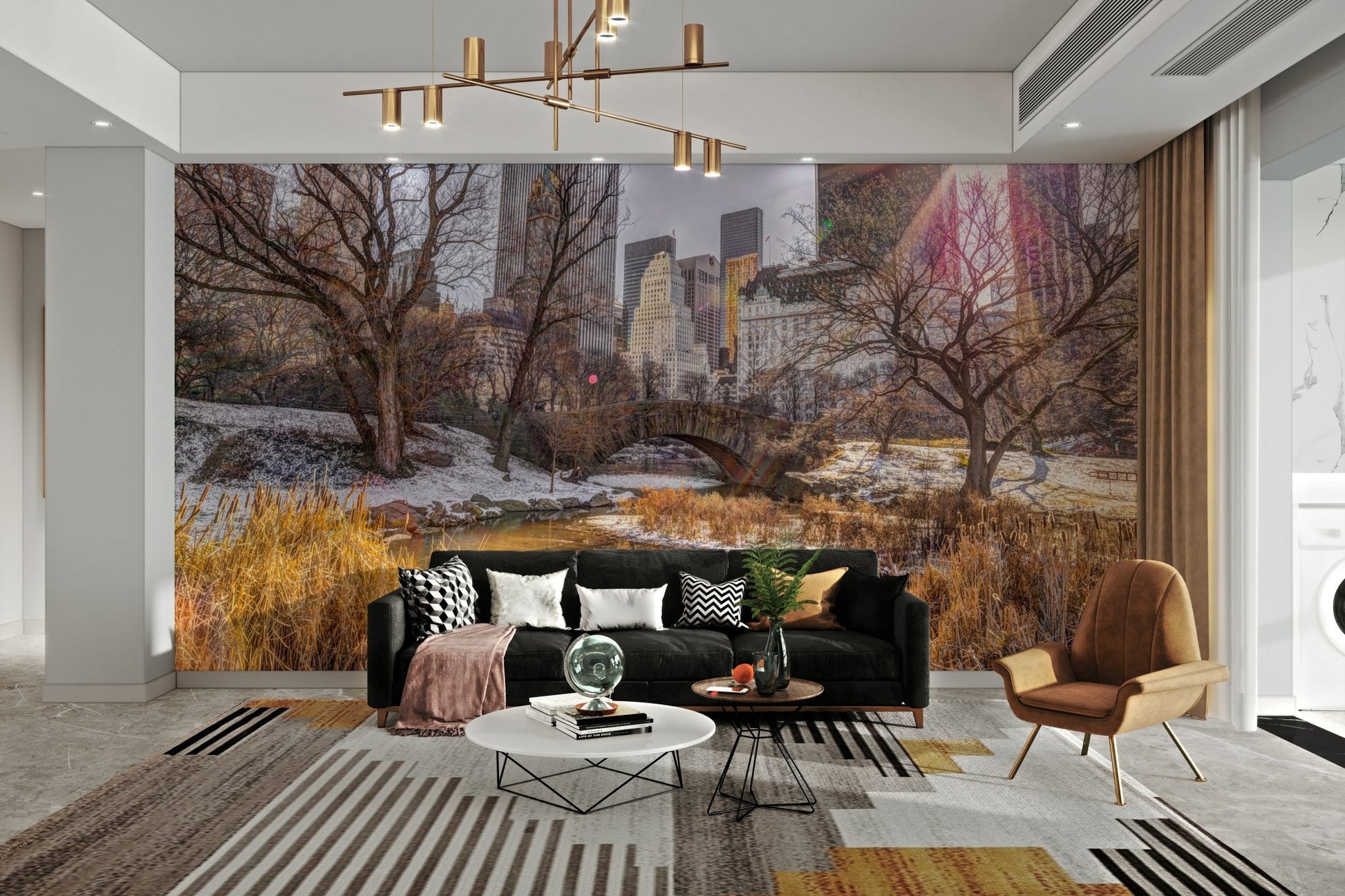 Bare trees with patches of snow on the ground.

