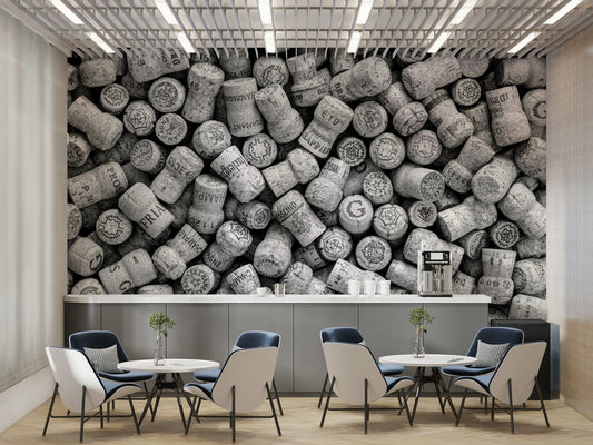 The peel and stick wallpaper showing realistic cork textures.

