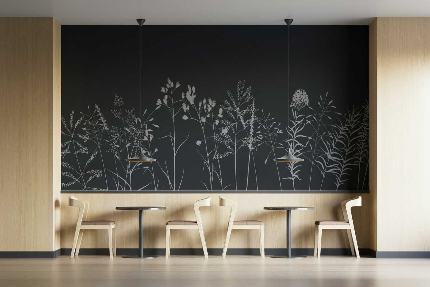 A wall mural of a peaceful botanical pattern.

