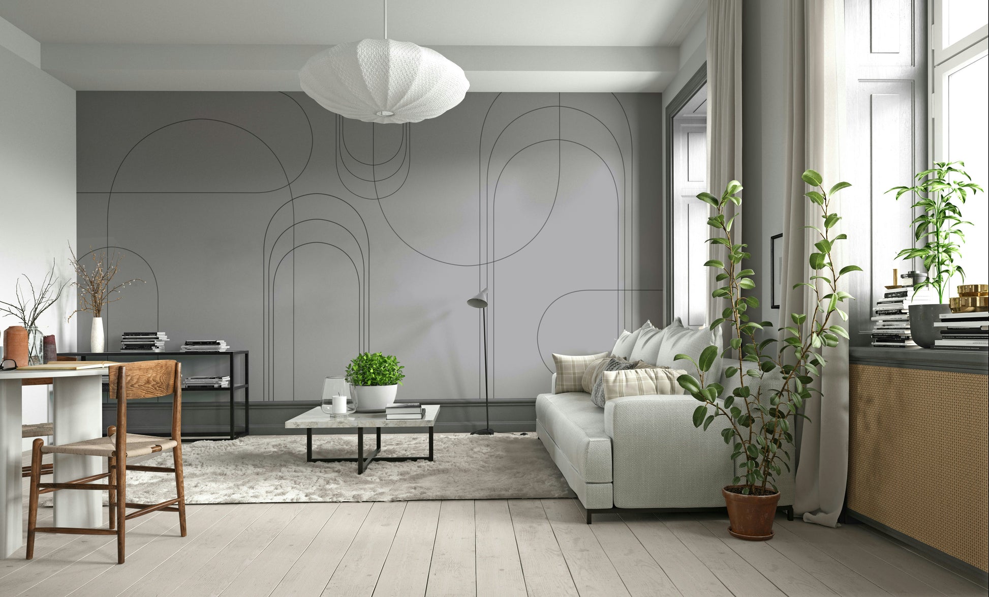 Elegant charcoal wall mural with curves

