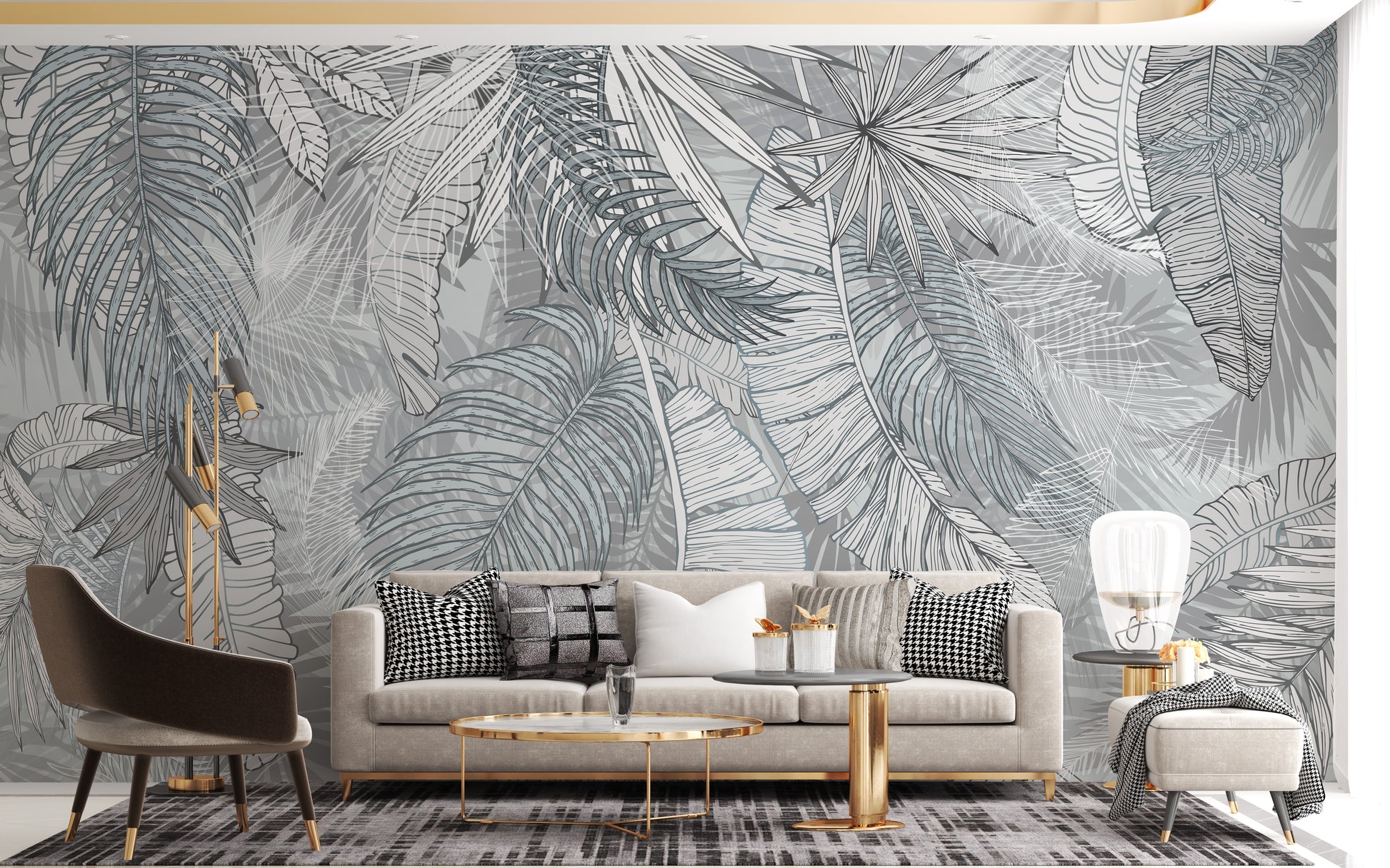 Grey & White Charcoal Leafy Illustrated Wallpaper Murals - Giffywalls
