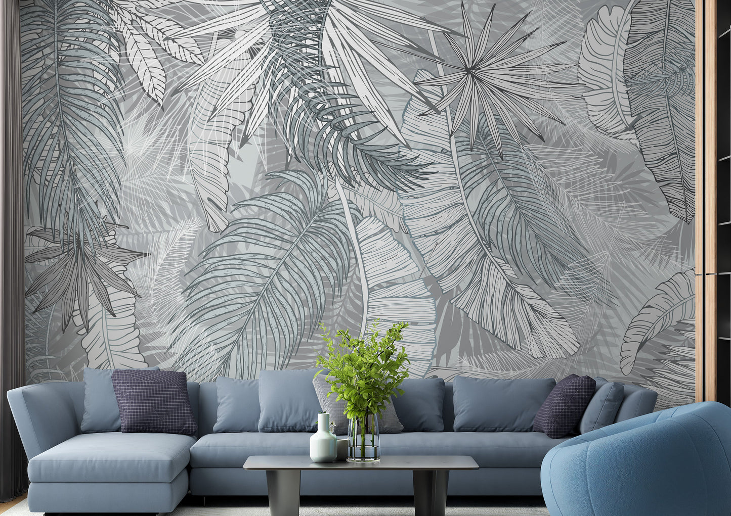 Elegant grey and white illustrated leaf mural
