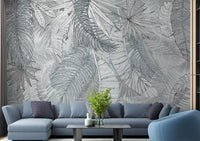 Elegant grey and white illustrated leaf mural
