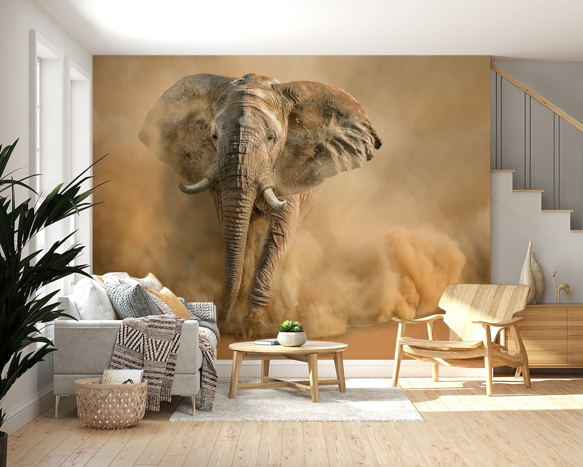Decorative mural featuring the dynamic motion of a desert dust storm.