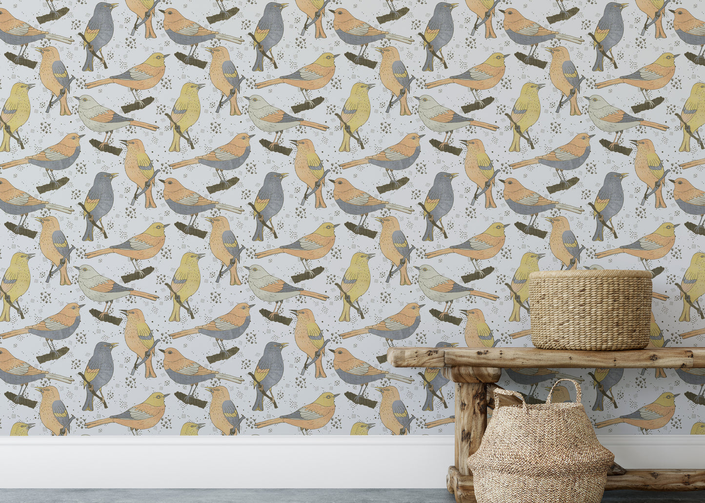 Birds Golden and Gray wallpaper as a full-wall mural behind a rustic wood bench and seagrass baskets