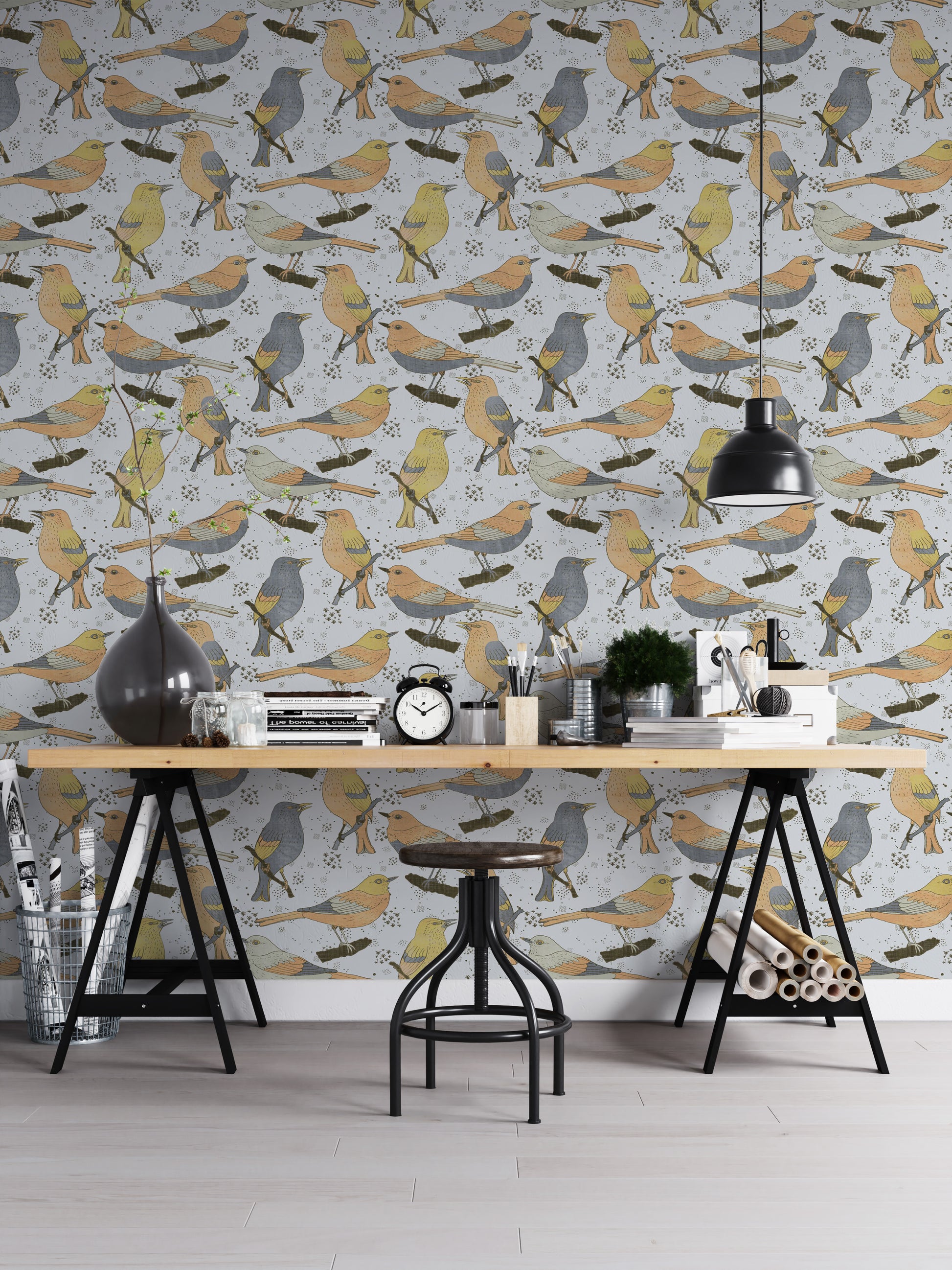 Birds Golden and Gray wallpaper in a home office with a wood trestle desk and black pendant lamp