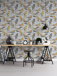 Birds Golden and Gray wallpaper in a home office with a wood trestle desk and black pendant lamp