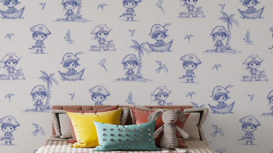 Adorable pirate-themed wallpaper for kids' rooms with nautical vibes.