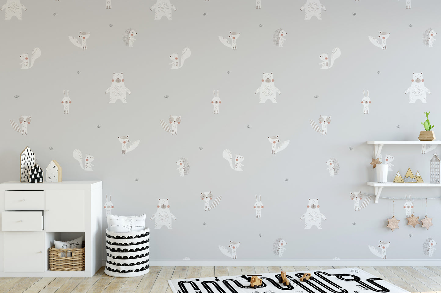 Forest Animals Gray wallpaper above a white sideboard and race-track rug in a grey kids room