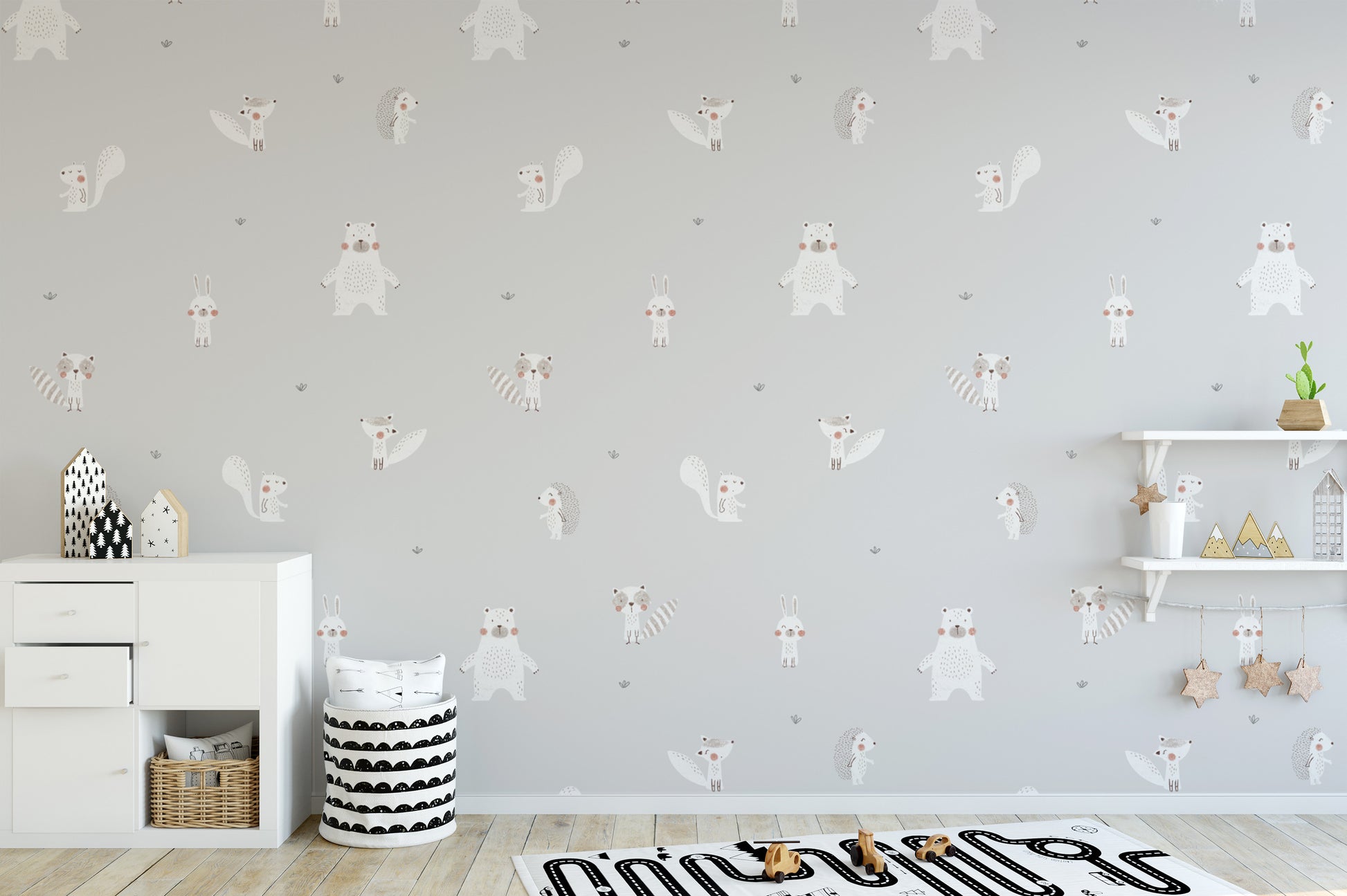 Forest Animals Gray wallpaper above a white sideboard and race-track rug in a grey kids room