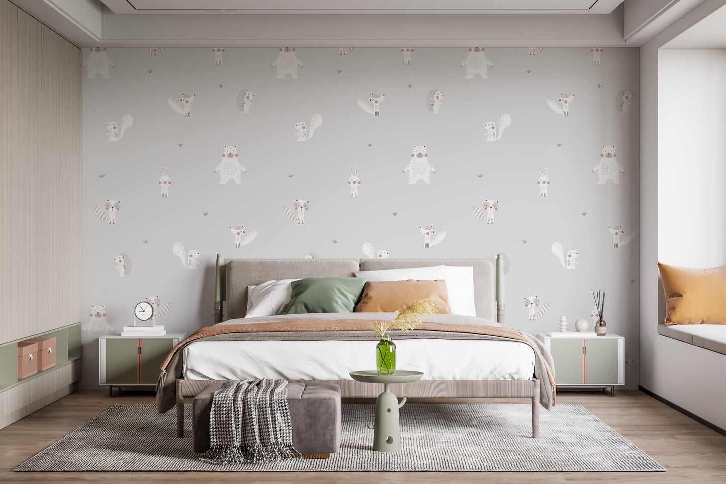 Forest Animals Gray wallpaper behind an upholstered bed with green and rust cushions in a grey bedroom