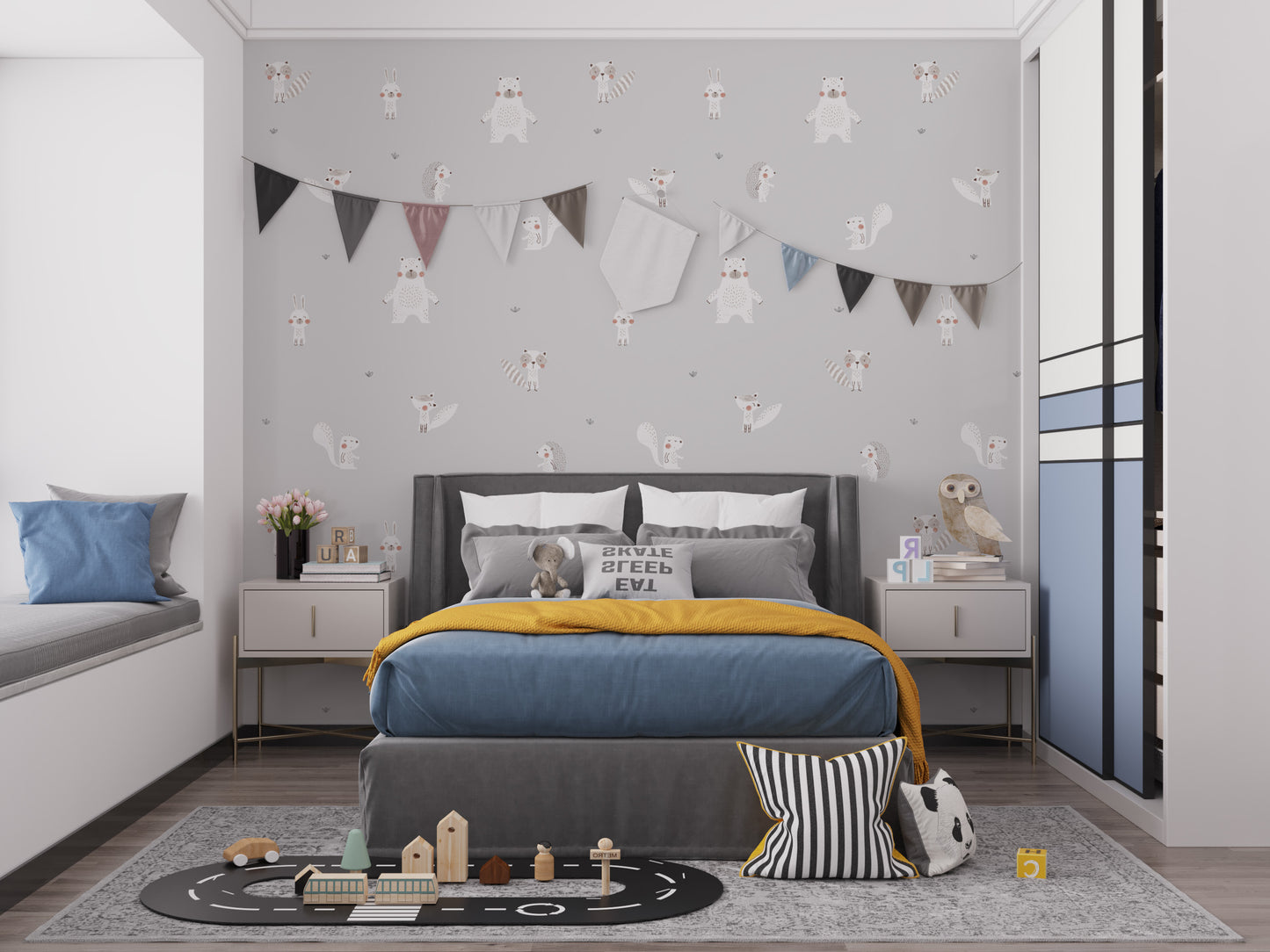 Forest Animals Gray wallpaper with bunting flags above a grey bed with mustard throw in a kids bedroom